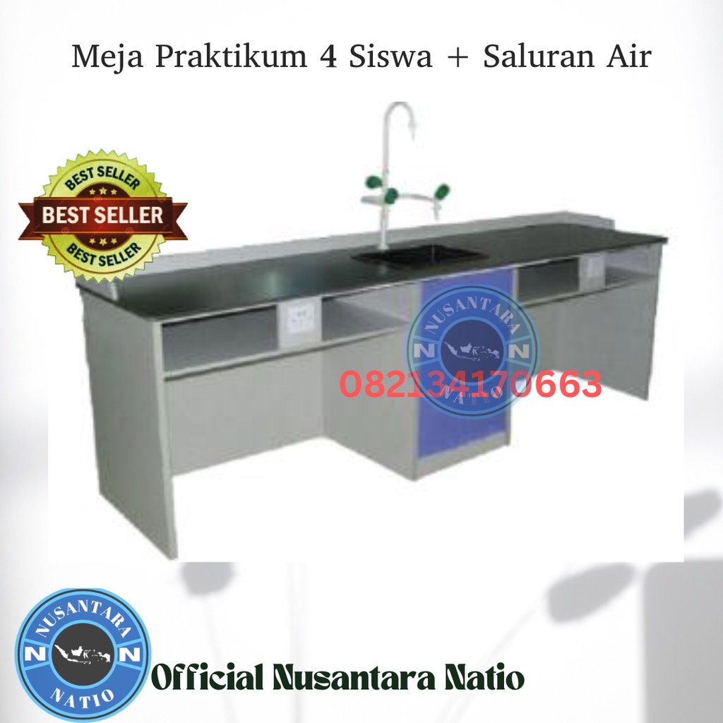 Meja Praktikum 4 Siswa + Saluran Air Multiplex 18mm lapis HPL