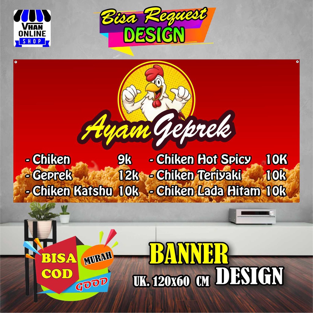 Cetak Spanduk Banner Jualan Ayam Geprek, Ayam Crispy, Ayam Goreng Bagus, Murah