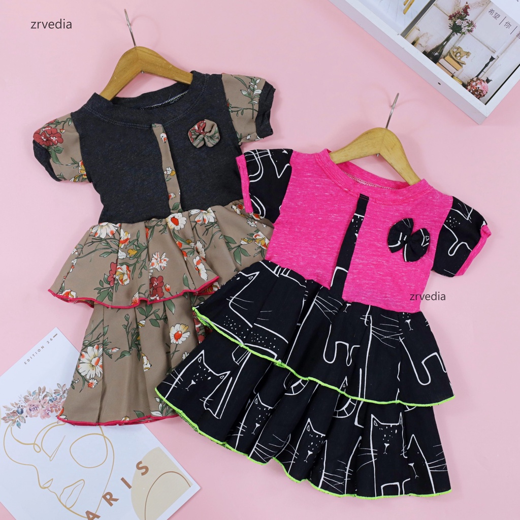 Dress Emma Lengan Size 1-2 Tahun / Dres Anak Perempuan Lengan Pita Baju Harian Pesta Fashion Kids