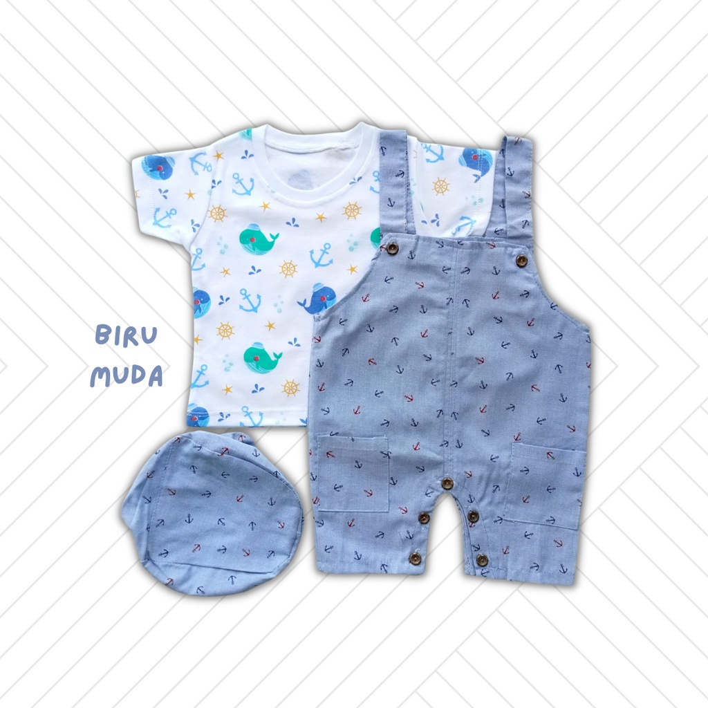 overall baby cowok WHALE baju kodok anak laki laki free topi chino overall romper overall bayi