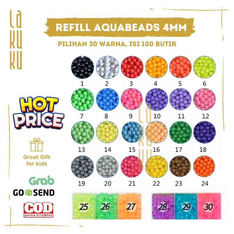 Lakuku - Refill Aquabeads Isian magic beads 30 warna isi 100 biji diameter 4mm