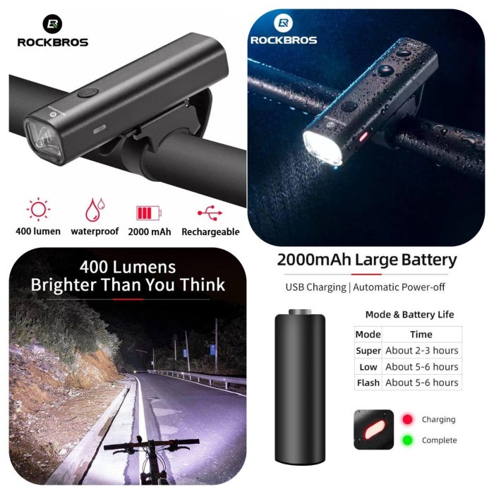 400LM LAMPU DEPAN SEPEDA ROCKBROS YQ-QD400LM ORIGINAL RECHARGEABLE