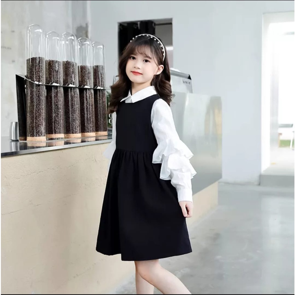 INV - DRESS KIDS  COMBI KEMEJA - 2IN1 /UMUR  5-8 TH/KOREA/ ST WIDY / BLACK WHITE / TERBARU / TERPOPULER