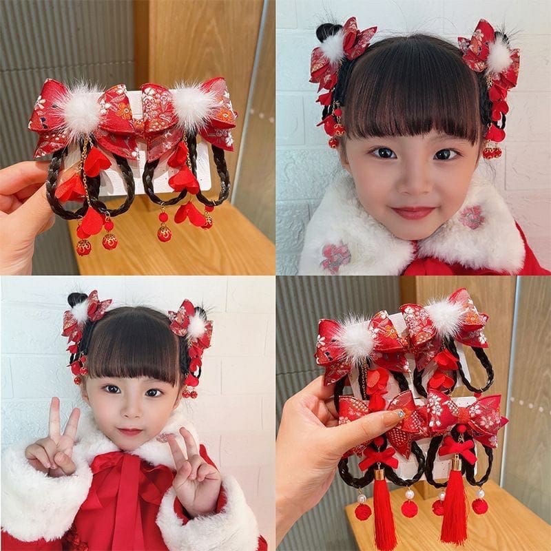 DELUNASHOP SET JEPIT RAMBUT CHINA HANFU MODEL KIPAS BULU BULU FASHION ANAK PITA QIPAO MERAH