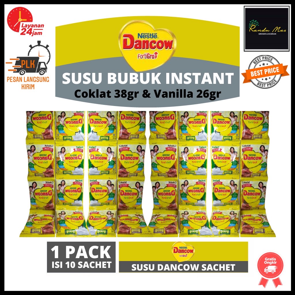 NESTLE Dancow Instant FortiGro | Susu Bubuk Putih Vanila 26gr &amp; Cokelat 38gr Kemasan 1 Renceng Isi 10 Sachet