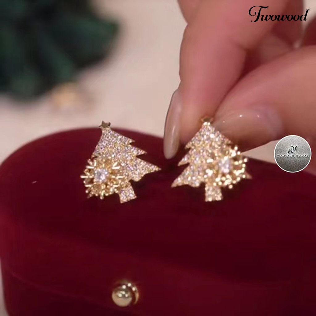 1 Pasang Anting Stud Berlian Imitasi Bentuk Snowflake Pohon Natal Untuk Wanita
