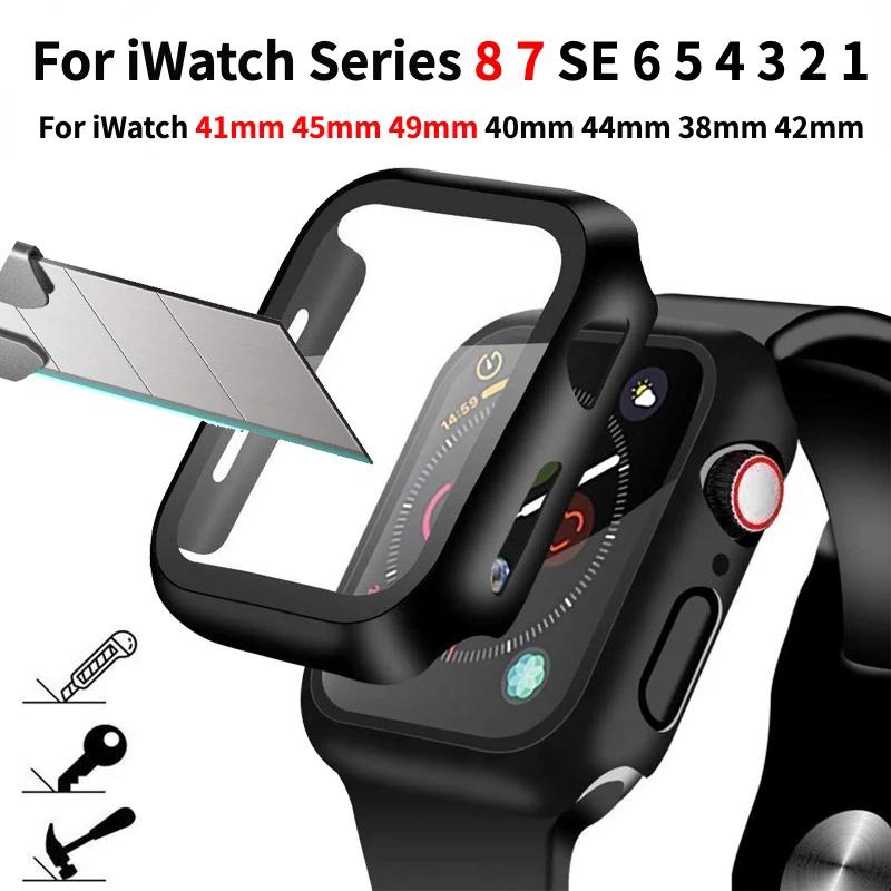 Case Tempered Glass Pelindung Layar Apple Watch Seri 8 7 6 5 4 3 2 1 SE SE2 Ukuran 45mm 41mm 40mm 42mm 38mm