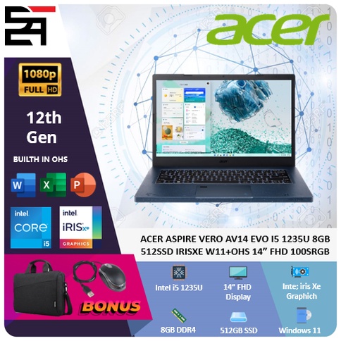 Acer Aspire Vero AV14 EVO i5 1235U 8GB 512GB SSD Iris Xe W11 OHS 14 Inchi FHD 100%SRGB Blit