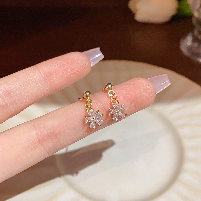 Korea Sederhana Bunga S925 Perak Berlapis Emas Wanita Fashion Perhiasan Aksesoris CZ Zirkon Drop Earrings Stud Earrings