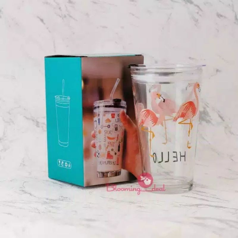 LT- H482 Tumbler botol Kaca Motif Animal + Sedotan Beling / Gelas beling