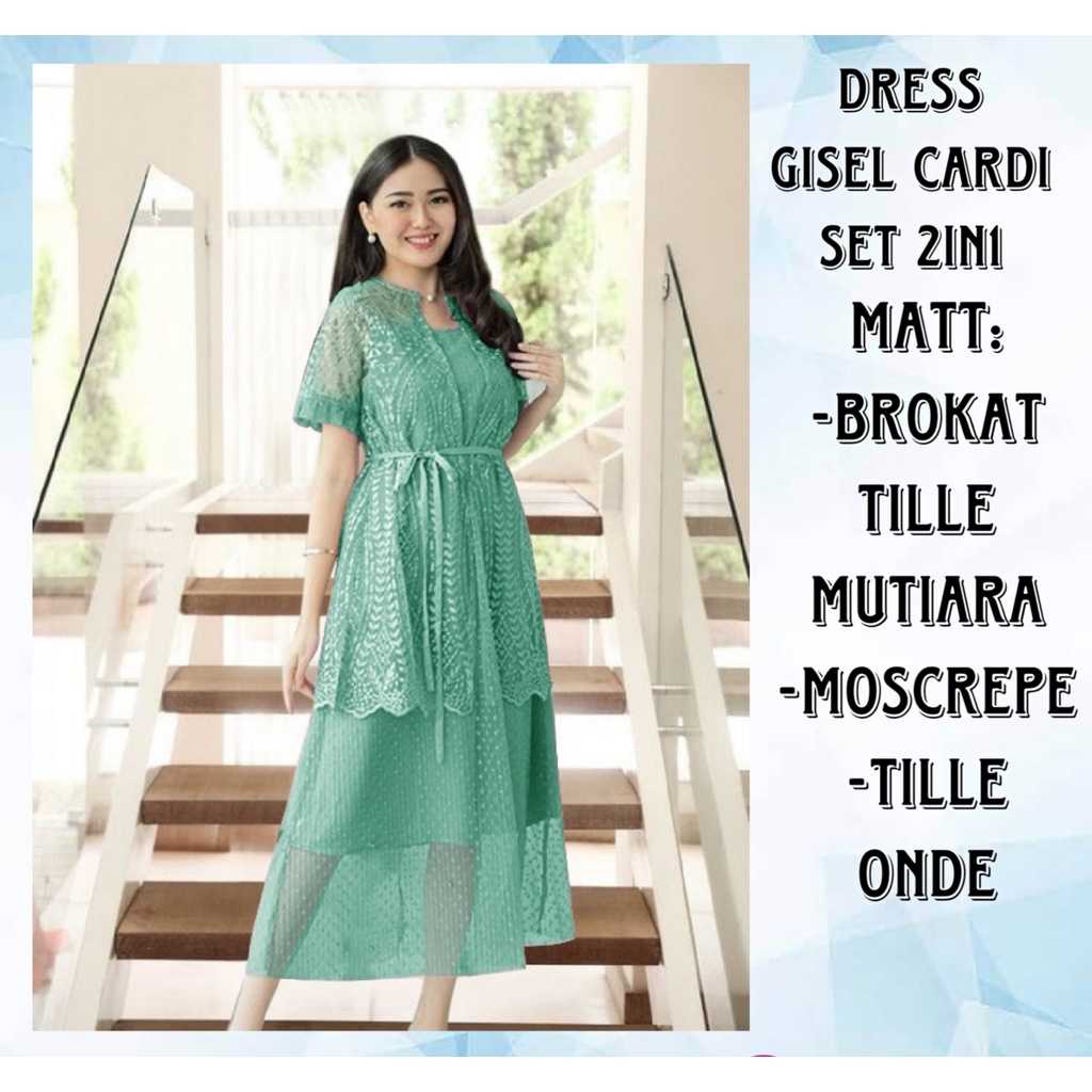 Dress Wanita Terbaru Casual Midi Brokat Tille Mutiara Terbaru/Dress Gisel Cardi Set 2in1 Size L dan XL Matt Tille Mutiara Mix Moscrepe/Dress Gricia Cardi 2in1/Good Quality