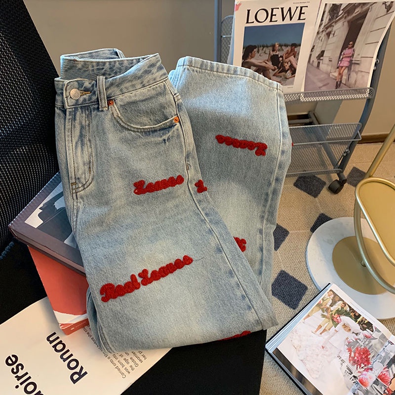 Suhao Amerika INS Retro High Street Surat Bordir Jeans Wanita Tide Merek Rasa Desain Longgar Lurus Lebar Kaki Mengepel celana