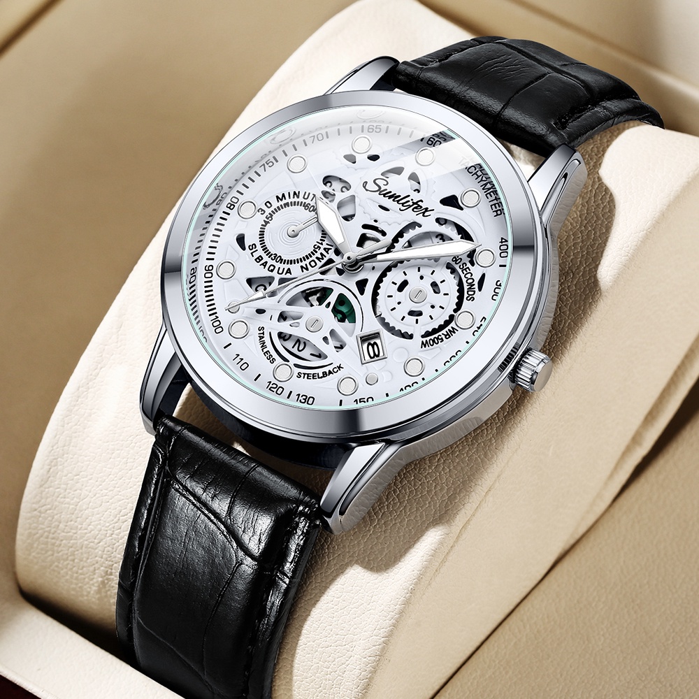 Sunlifex Jam Tangan Pria Dial Berongga Anti Air Kuarsa Tali Kulit Jam Pria Original Santai Mode Jam Tangan Cowok 7001-6