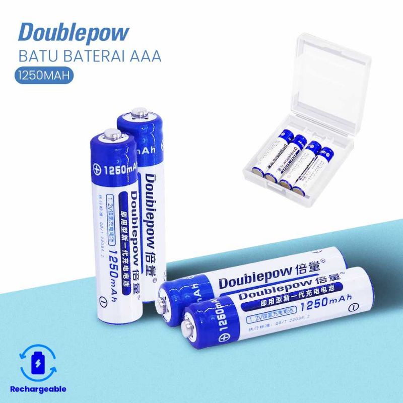 DOUBLEPOW Batu Baterai AAA Recharge NiMH 1250mAh 4PCS Battery Case