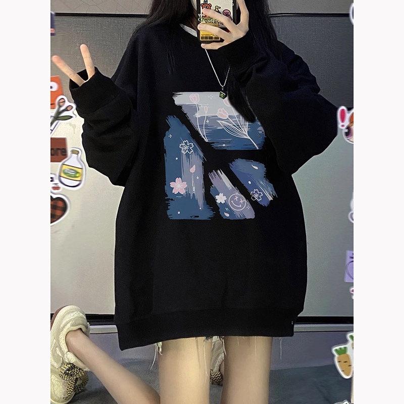 EUNII Sweater Lengan Panjang Cartoon Painting Landscape Korean Style/Hoodie Oversize/Baju Wanita/Switer Wanita