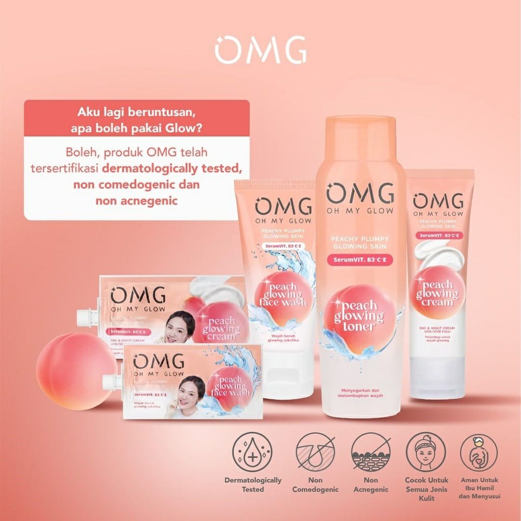 [ORI BPOM] OMG Oh My Glow Peach Glowing Series | OMG Oh My Glow Paket Lengkap Skincare Peach Glowing | Peachy Plumpy Glowing Skin | Cream | Face Wash | Toner | Krim Wajah | Sabun Cuci Muka | Face care Skincare Oh My Glow Original BPOM