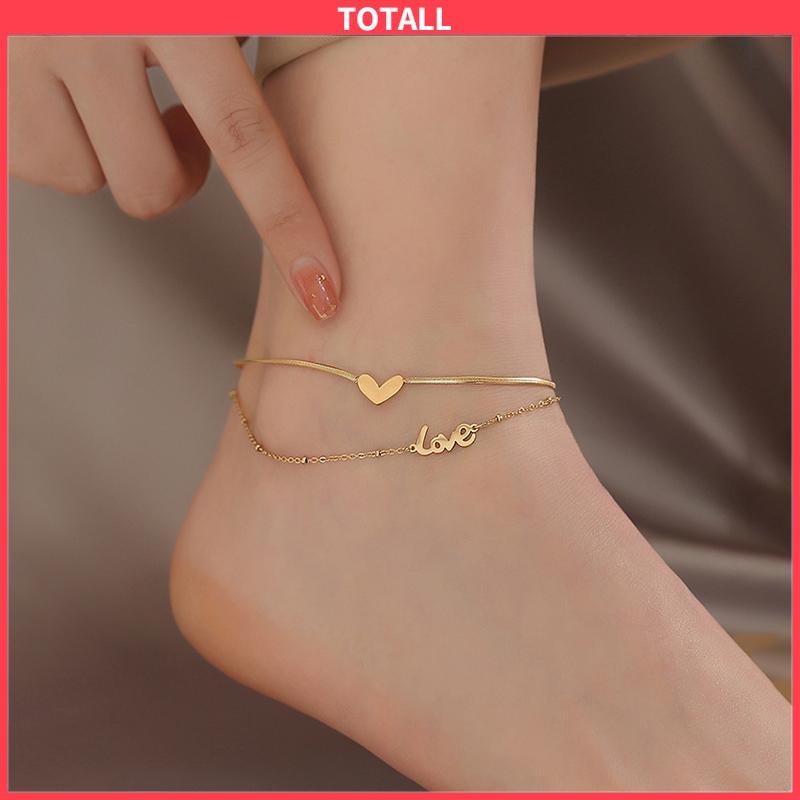 COD Gelang Kaki Titanium 2 Layer LOVEHuruf Hati Anti Karat Emas 18k Aksesoris Wanita Korea-Totall