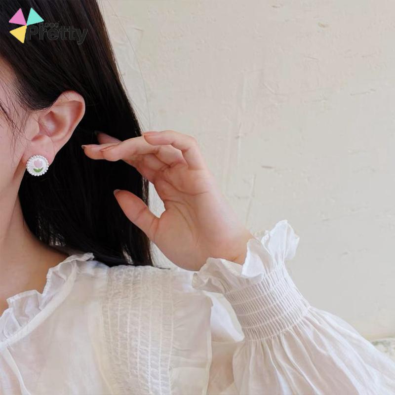 S925 Perak Anting-anting Tulip Lembut Busur Asimetris Bunga Telinga Untuk Wanita Aksesori Anak Perempuan - PD