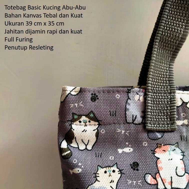 TAS KANVAS TOTEBAG KANVAS MOTIF KUCING ABU. RIENS COLLECTIONS