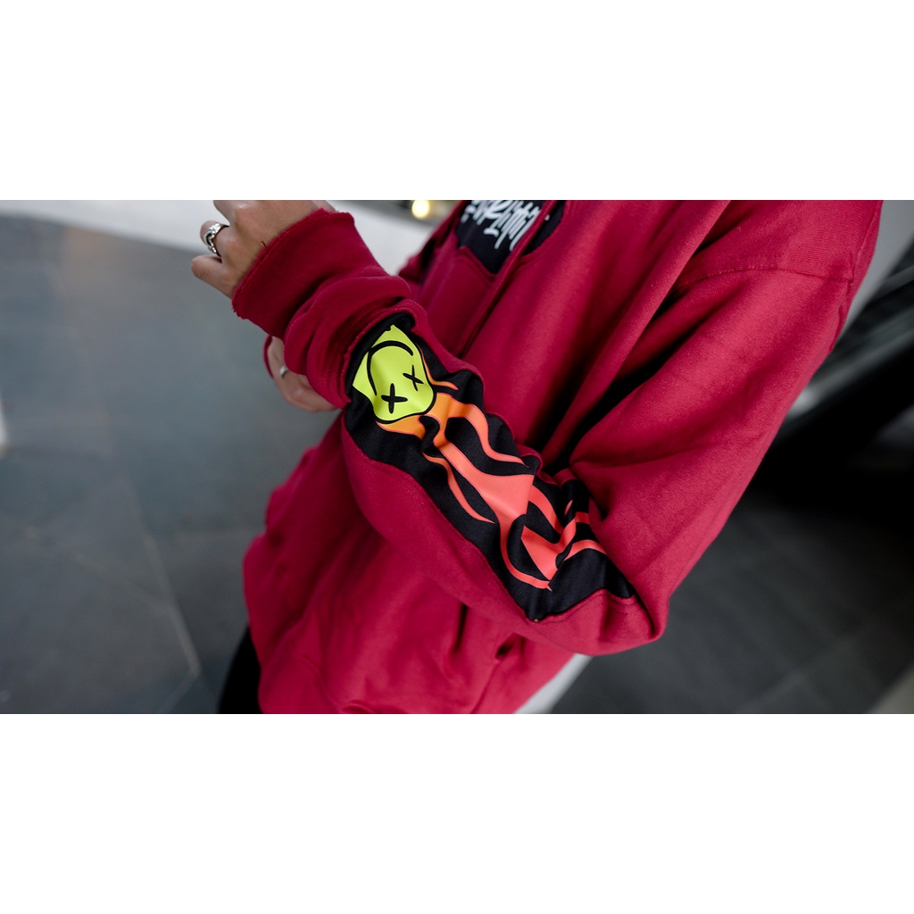 OVERLIMIT SMILE FIRE | CROP HOODIE OVERSIZE UNFINISHED | MAROON | STREETWEAR