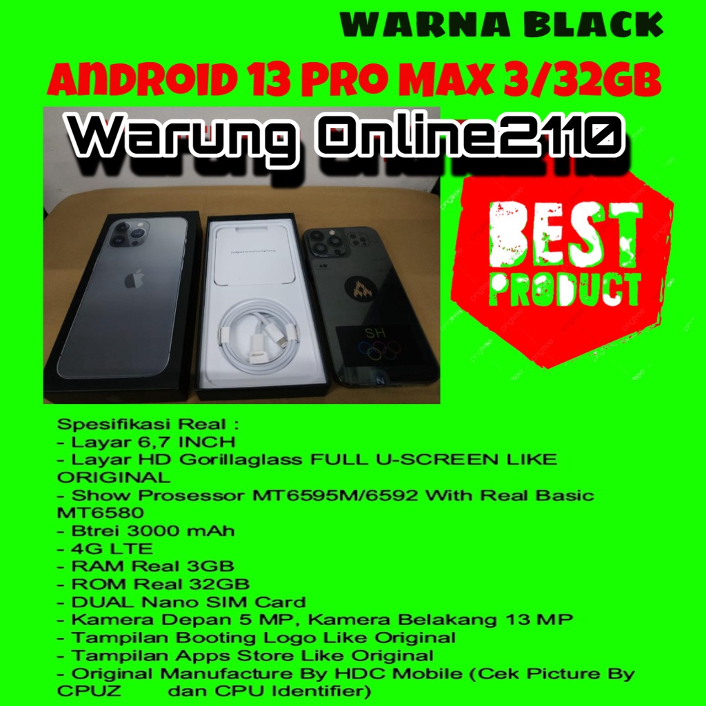 HANDPHONE ANDROID 13 PRO MAX 4G ULTIMATE FS HDC , RAM 3GB/32GB - WARNA BLACK