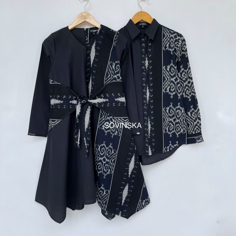 Couple Set Dress/Tunik WTP 238 Hitam+Kemeja Cowo Hitam