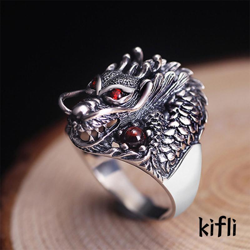 Cincin Lapis Silver Desain Kepala Naga Hias Zircon Gaya Vintage Untuk Wanita