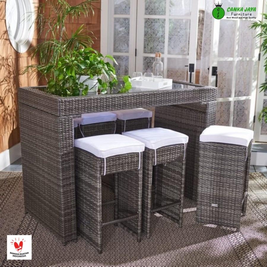 CANKA Safavieh - Set Kursi Teras Outdoor Rotan + Meja Kaca Minimalis