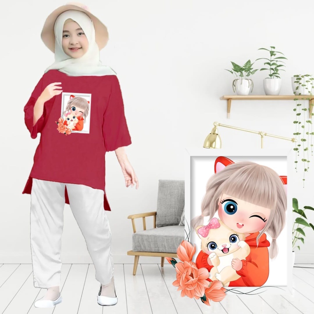 Tunik Anak Anime Girl Cat/Atasan Muslim Anak