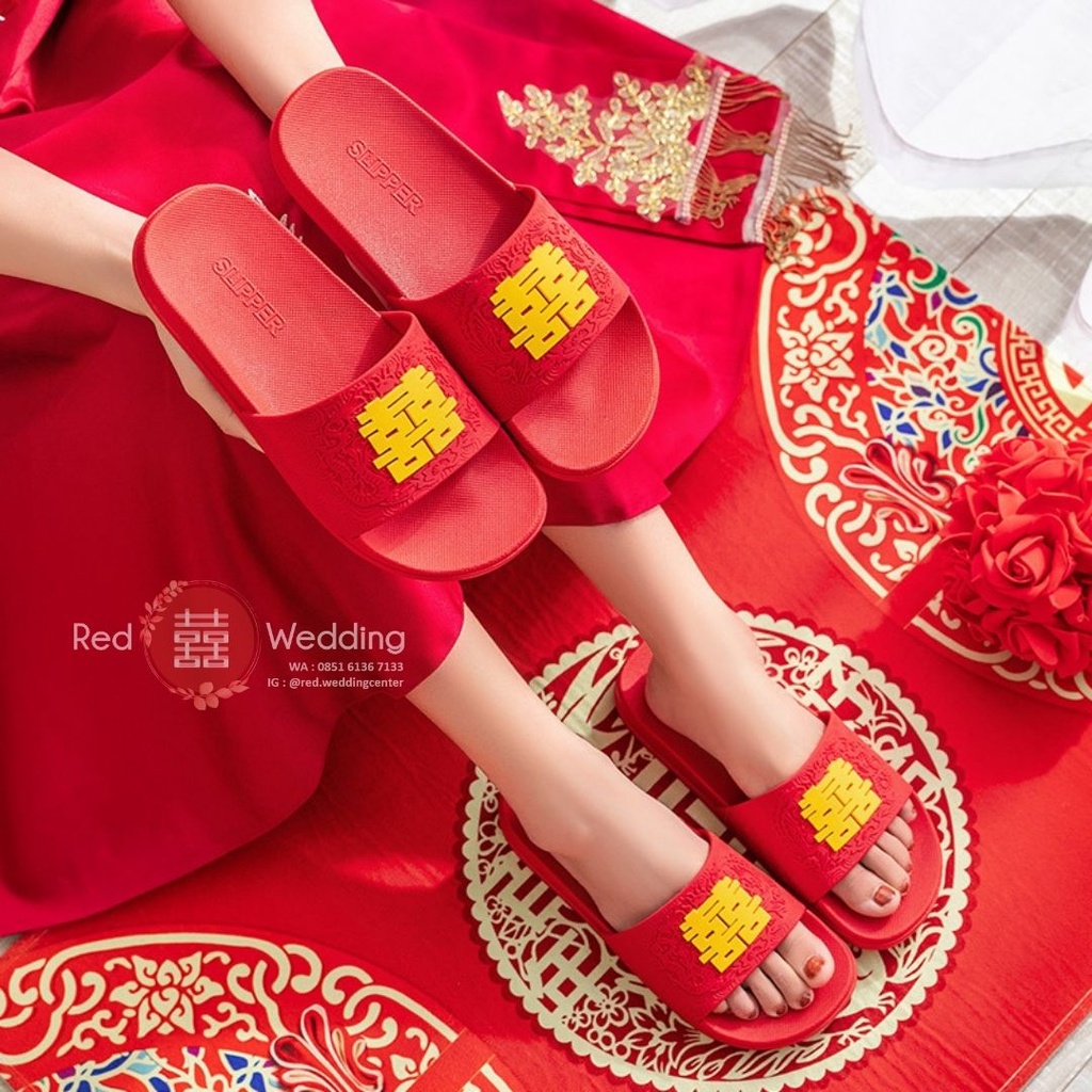 [Logo Big Xi] Sandal Merah Bahan KARET Pengatin Groom /Bride  Sepatu Wedding dengan Logo Shuang Xi Sanghi