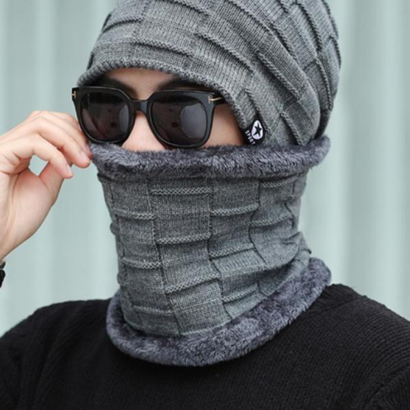 Set Topi Kupluk Tebal Bulu Rajut Scarf Hat Kupluk Bintang Satu Set - Hitam