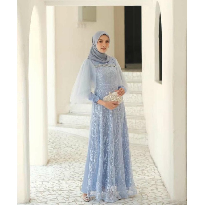 NEW LUNA DRESS WARNA ICE BLUE_GAMIS BROKAT-GAMIS DOMINAN TILLE_GAMIS WISUDA LAMARAN PERNIKAHAN TERBA