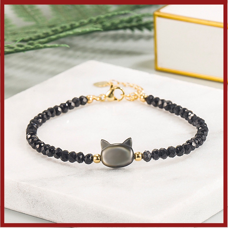 Gelang Tangan Rantai Adjustable Aksen Kucing Hitam + Kristal Untuk Wanita U1352