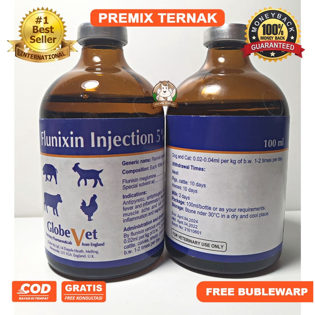 FLUNIXIN Injeksi 5% 100ml | obat hewan bengkak pincang obat Analgesik obat Anti Nyeri Anti Piretik obat anti meriang Anti Inflamasi anti Radang, Anti Racun | GLOBE VET