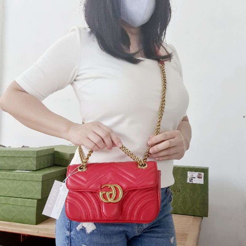 [oline_online] tas wanita selempang kekinian wave motif shoulder marmont 2way convertible small size party size bag gc love red black white gucci