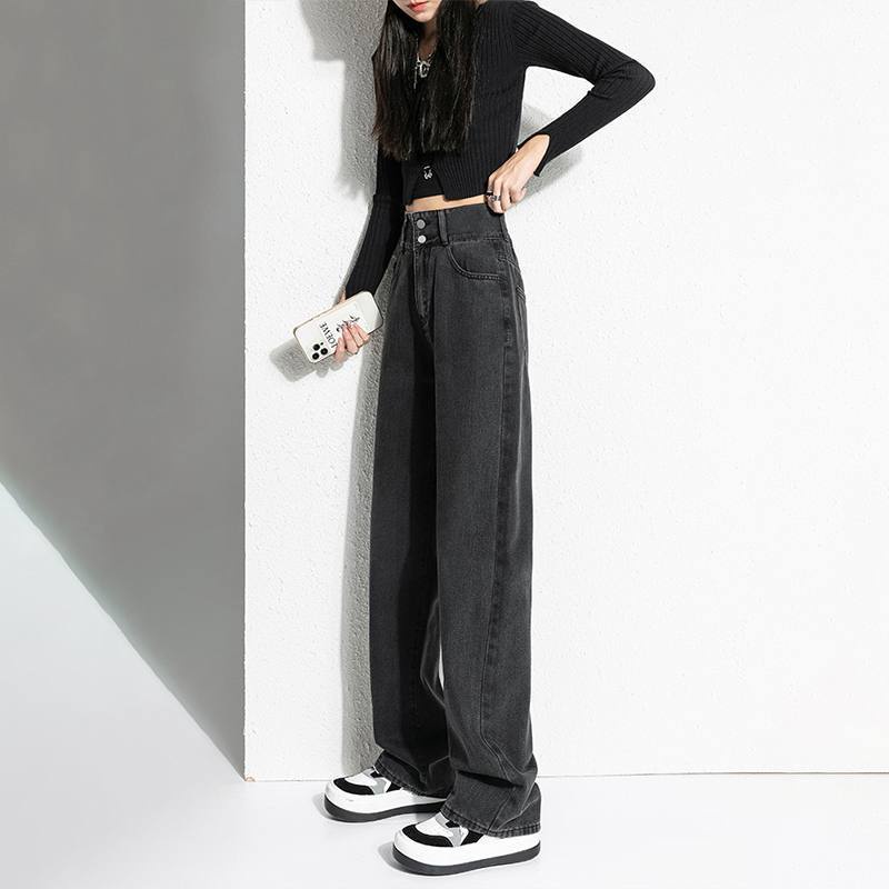 Suhao hitam dan abu-abu high-waisted wide-leg jeans wanita 2022 baru kaki lurus longgar tirai pelangsing semua pertandingan celana mengepel lantai