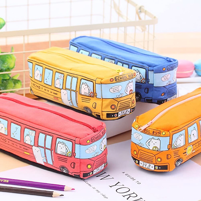 

Cute Creative Cartoon Animal Bus Pencil Case Unisex Canvas Pen Bag Large Capacity Kawaii Stationery