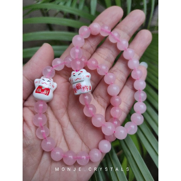 GELANG ROSE QUARTZ NATURAL BATU ALAM / LUCKY CAT ROSE QUARTZ BRACELET / NATURAL CRYSTAL STONE / BATU