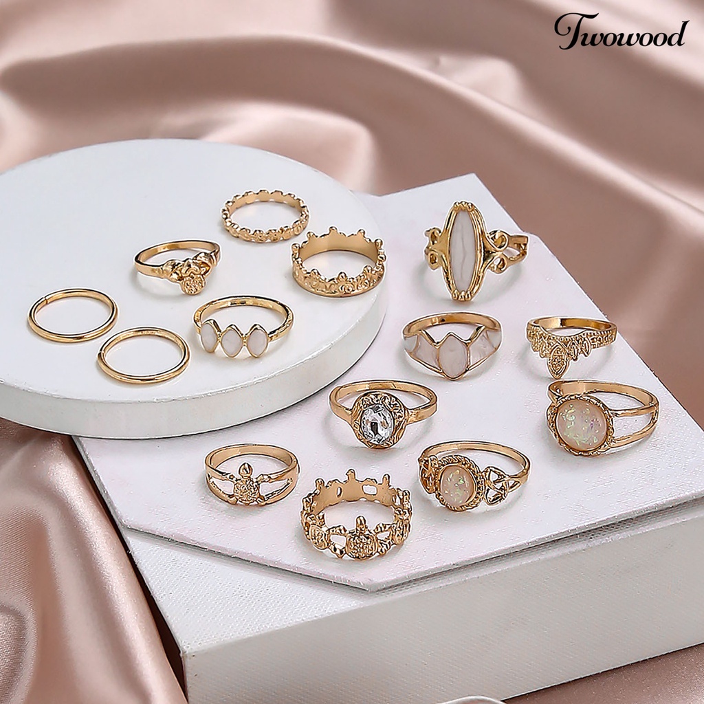 14pcs Cincin Knuckle Model Hollow Stackable Bahan Alloy Aksen Permata Imitasi Gaya Etnik