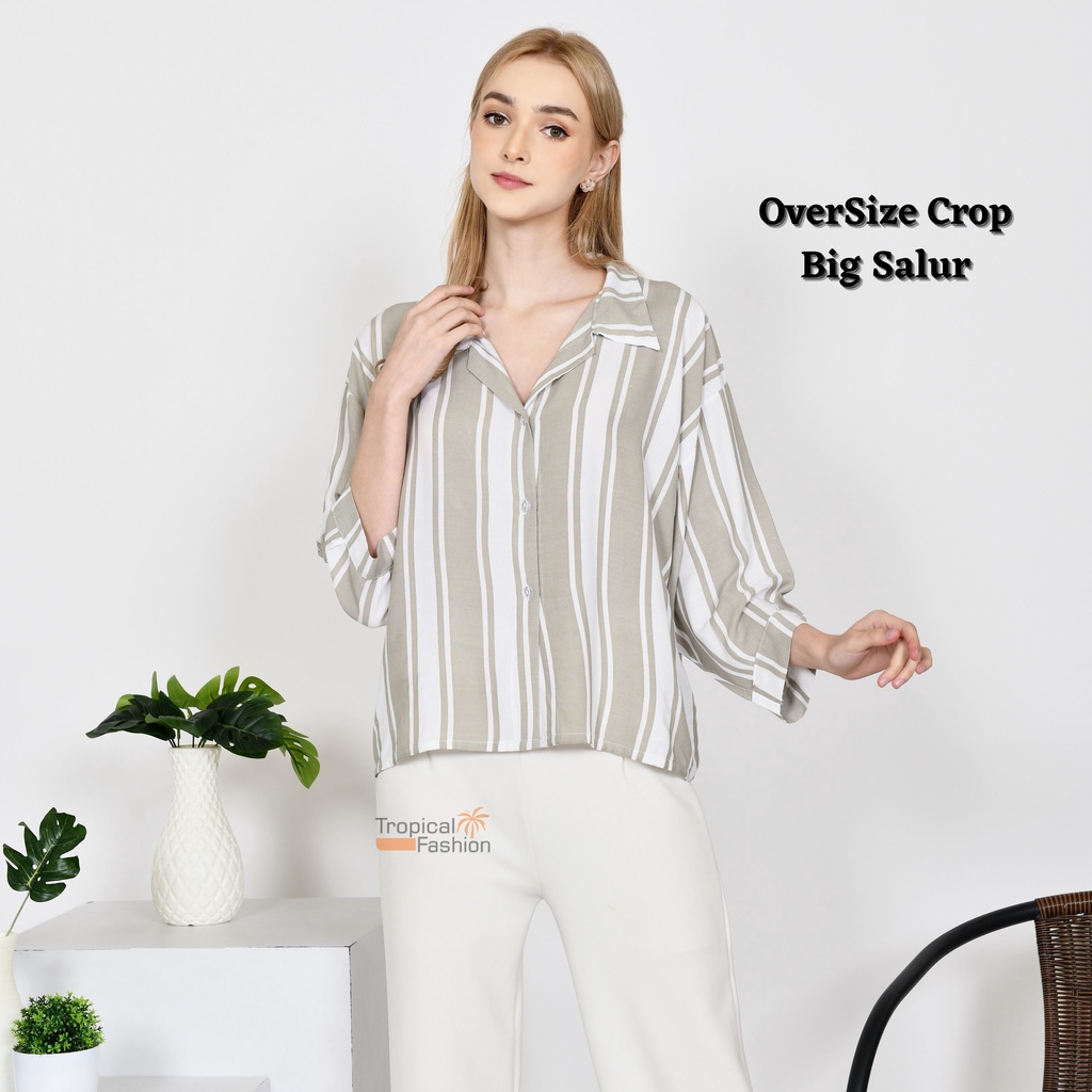 Kemeja Wanita OverSize Crop Motif BIG SALUR Garis Terbaru Kekinian l Cwek Style Korea