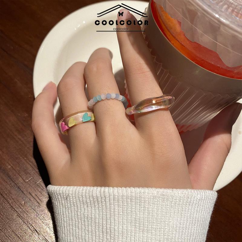 COD❤️3PCS/SET Cincin Polos Resin Sederhana  Cincin Mutiara  Premium Niche Wanita  Set Ring Akrilik Fashion Accessories Murah Wanita