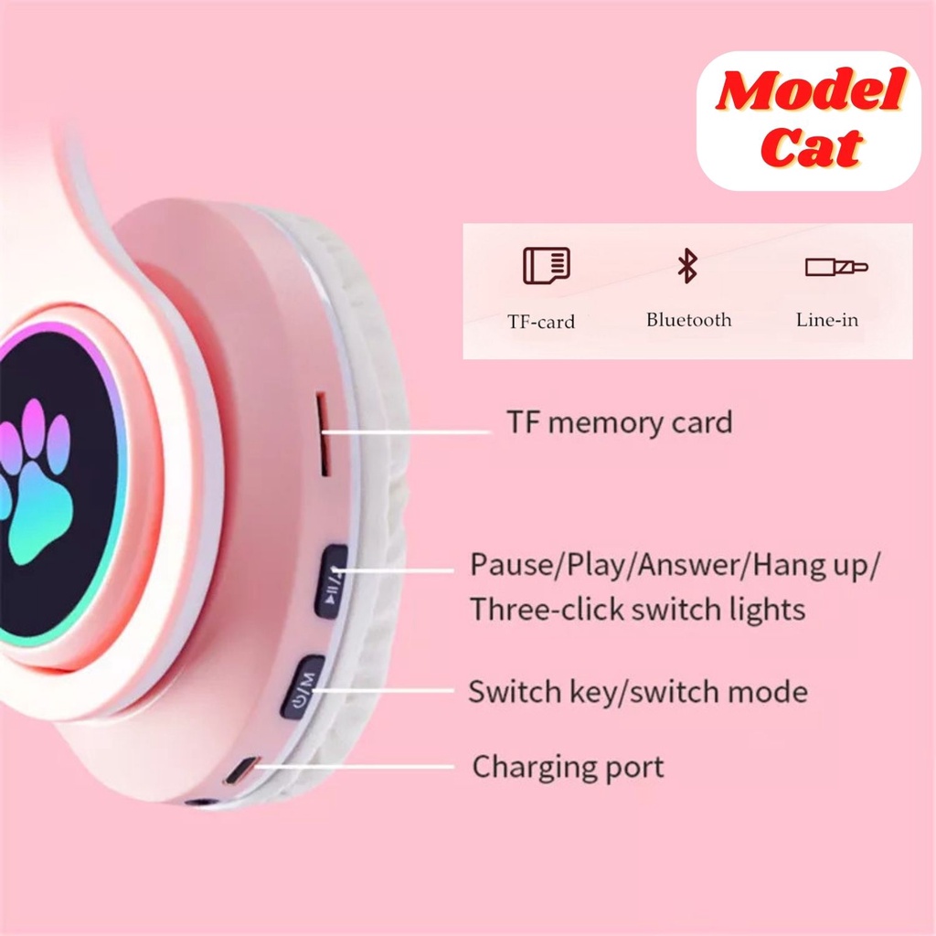 Headphone Gaming Bluetooth Cat Ear Kucing LED - Headset Wireless Free Kabel Jack 3.5mm Extra Bass