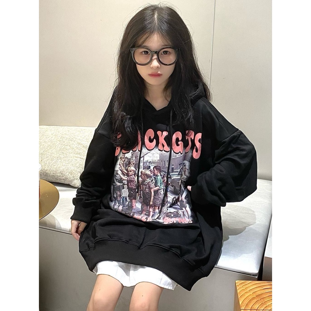 Sweater berkerudung super panas kepribadian wanita all-match ceruk musim gugur cetak baru versi Korea gaya malas longgar atasan lengan panjang
