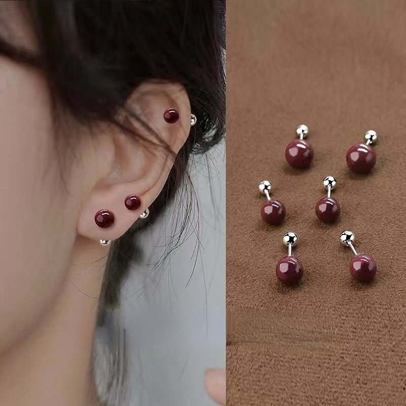 Anting Tusuk Sterling Silver 925 Desain Sekrup Merah Ukuran 6 / 8mm Untuk Wanita