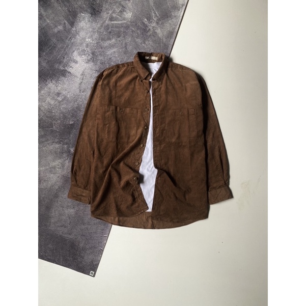 Kemeja Corduroy Shirt Axxa Brown Double Pocket