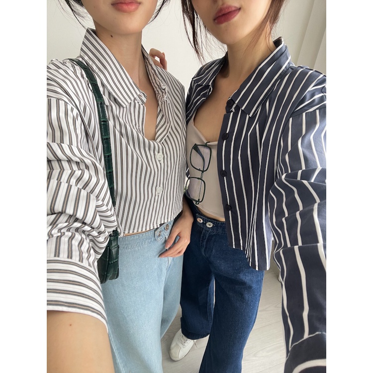 Kadaka T-0481 Crop Kemeja Wanita Stripes Tangan Panjang