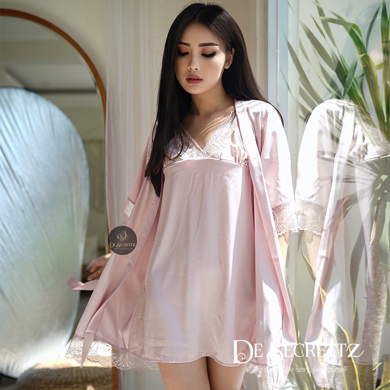DeSecrettz SHANIA Baju Tidur Wanita Dewasa Model Kimono Dress, Includes Dress Opsional Kimono
