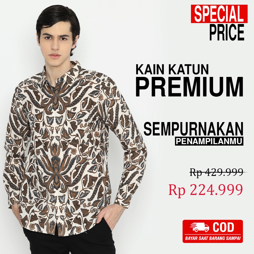 KEMEJA BATIK PRIA Lengan Panjang Slimfit Premium Warna Putih Coklat Chokelat 724492 Cap 72 - Baju Kemeja Atasan Pakaian Setelan Batik Pria Cowok Laki Laki Remaja Keluarga Kantor Lengan Panjang Modern Slimfit Slim Fit Premium Kekinian