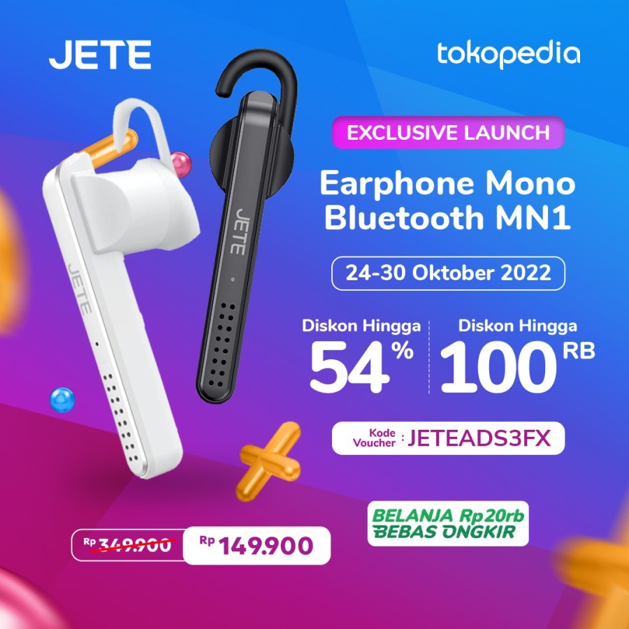 Headset Mono Wireless Earphone Bluetooth JETE MN1 - Garansi Resmi 2th