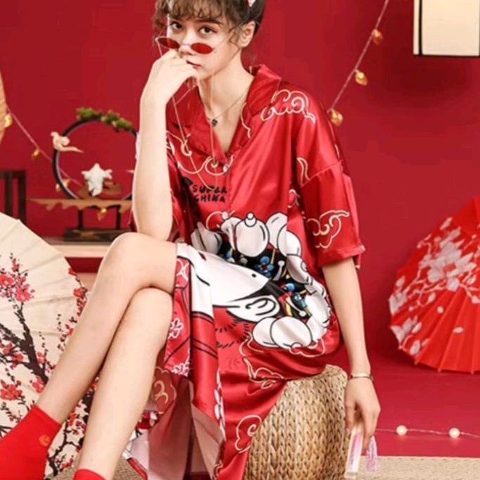 0413 BAJU TIDUR PAJAMAS CNY PIYAMA DRES TERUSAN CHINESE NEW YEAR MERAH HIJAU PREMIUM WANITA IMPORT